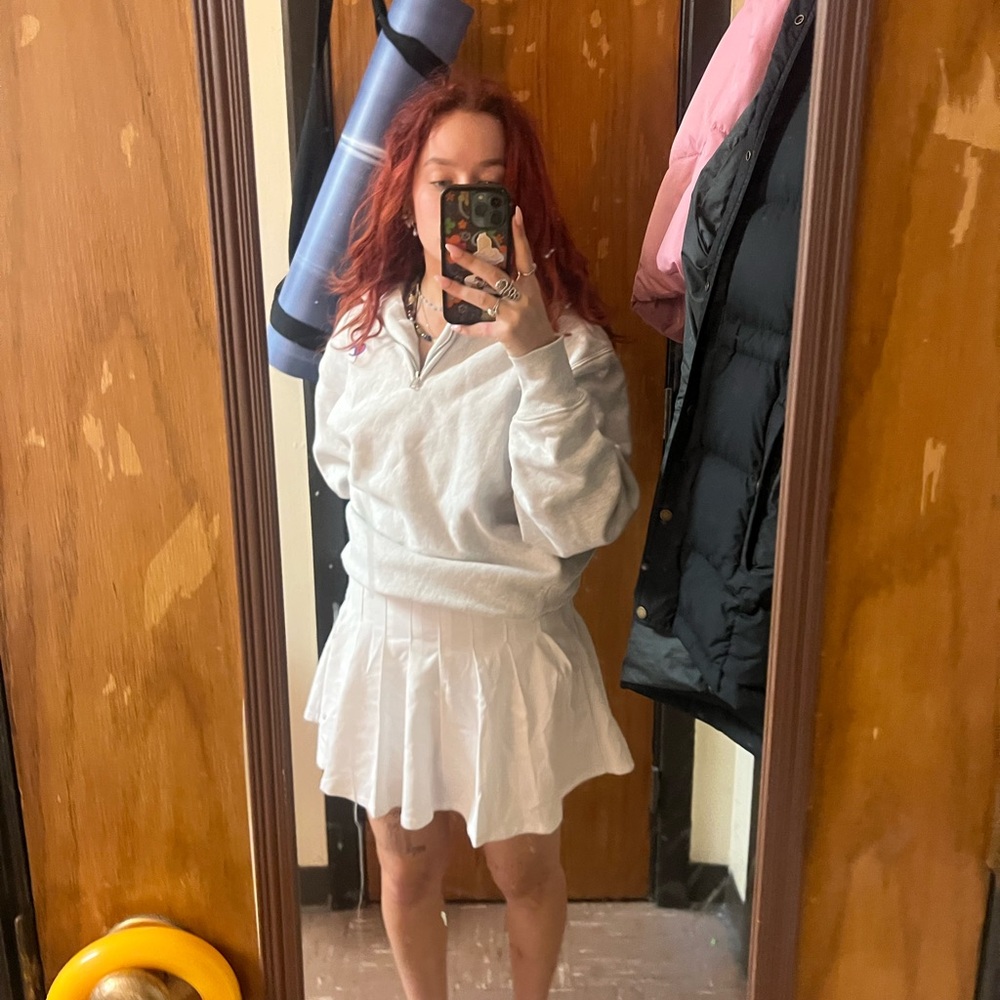 White Pleated Skirt and Gray Sweatshirt